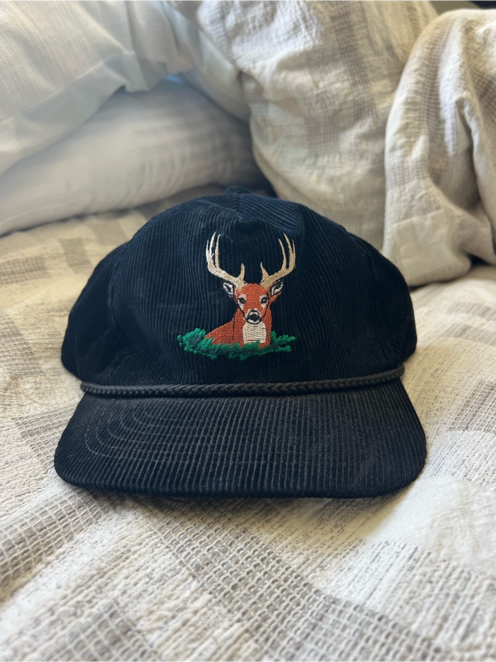 Black Corduroy Deer Embroidered Cap